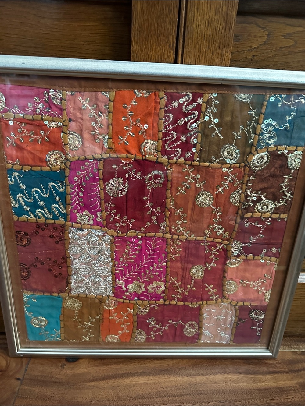 Framed Embroidered Patchwork Textile Wall Art - Multi